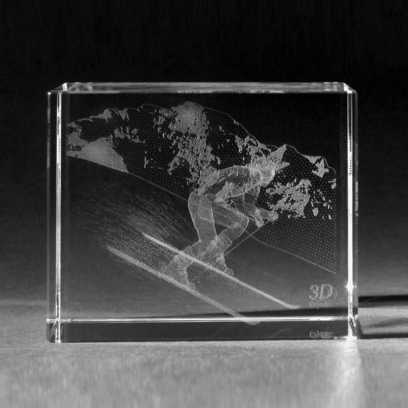 3D Glas Skifahrer. 3D Lasergravur Grüner Laser Products