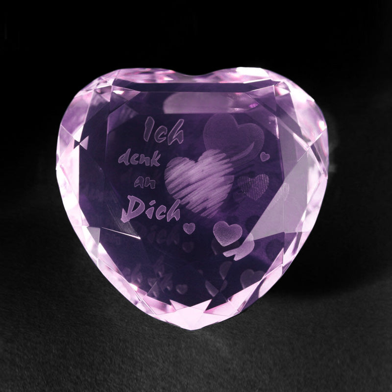 3D Kristallherz Rosa mit Motiv innen "Ich Denk an Dich"