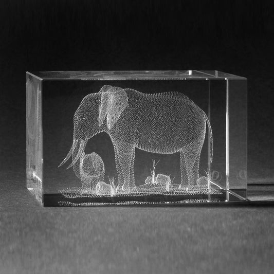 3D Lasergravur Tiere - Elefant mit Baby in 3D Glas