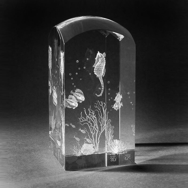 3D Laserglas. Tiere - Seepferdchen in 3D Glas graviert