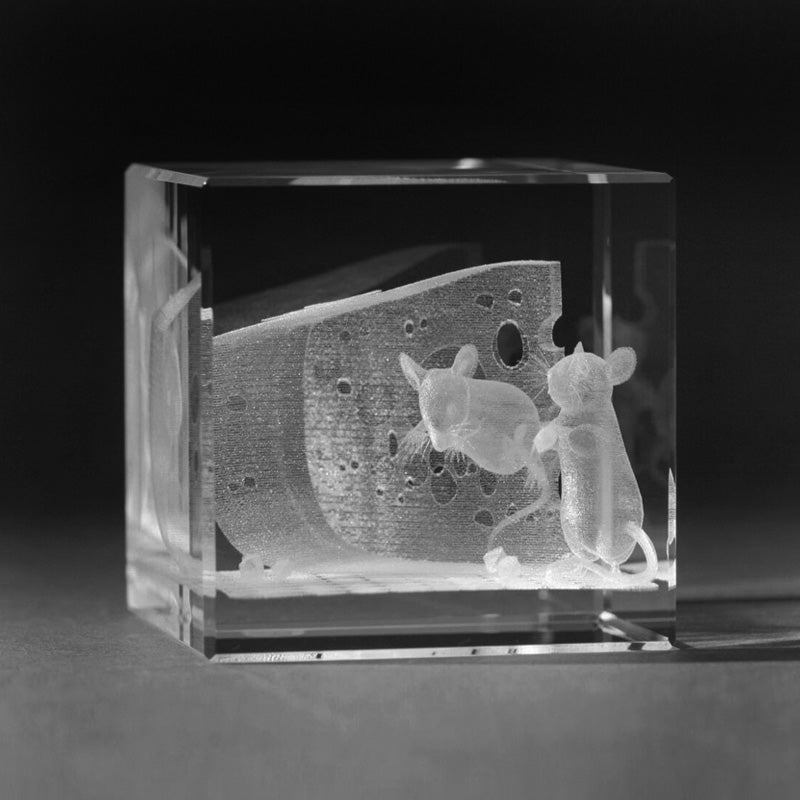 3D Laserglas. Tiere - Maus mit Käse in 3D Glas graviert