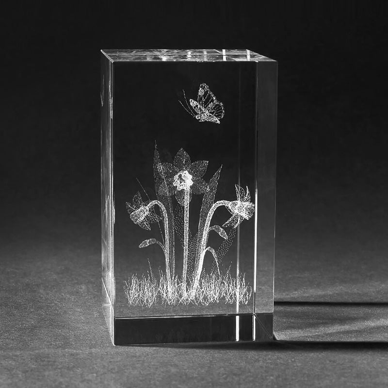 3D Frühlingsblumes in Kristall Glas gelasert. 3D Crystal Natur Motive