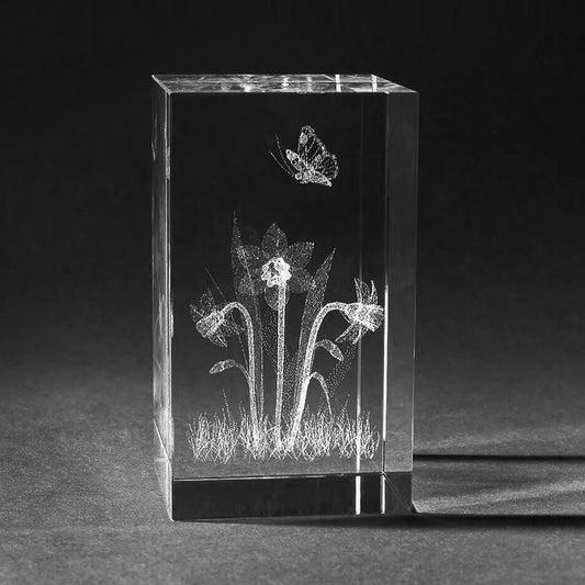 3D Frühlingsblumes in Kristall Glas gelasert. 3D Crystal Natur Motive