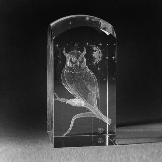 3D Glas mit Lasergravur. Eule in 3D Kristall gelasert