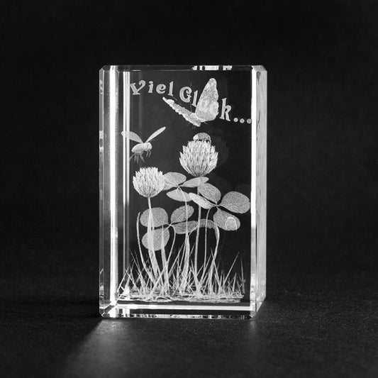 Glücksbringer in 3D Glas. Viel Glück als Geschenkidee