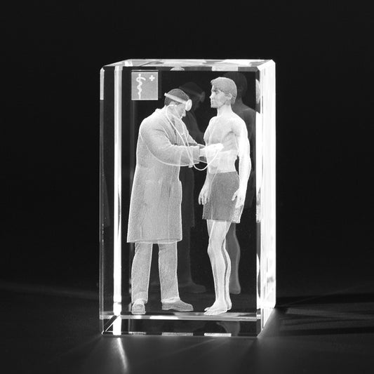 3D Arzt und Patient, Medizinische Motive in Kristallglas gelasert
