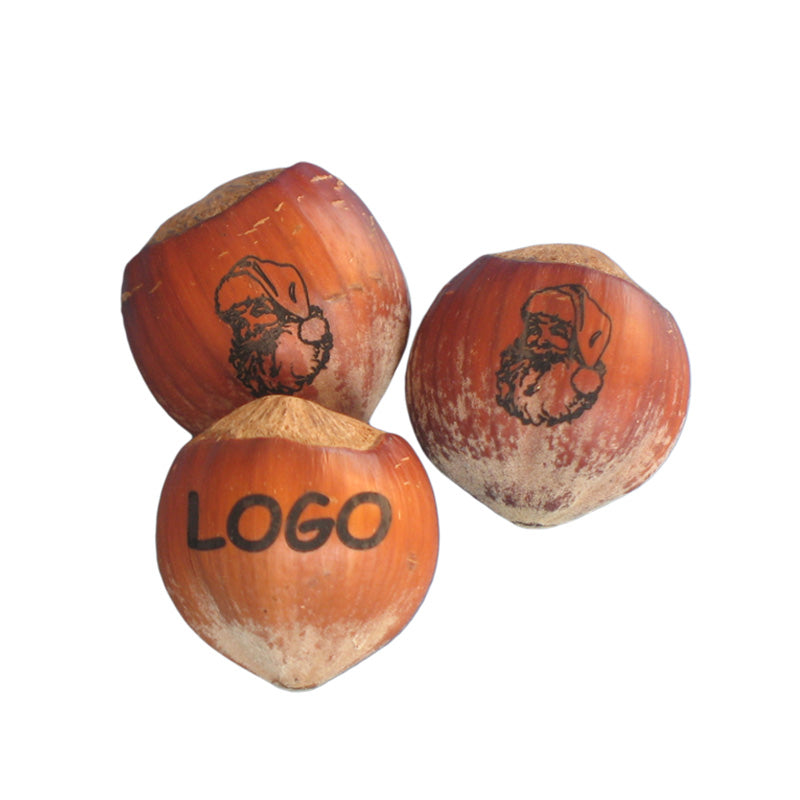 Gravierte Nüsse. Wunschmotiv oder Logo auf Haselnüsse gelasert