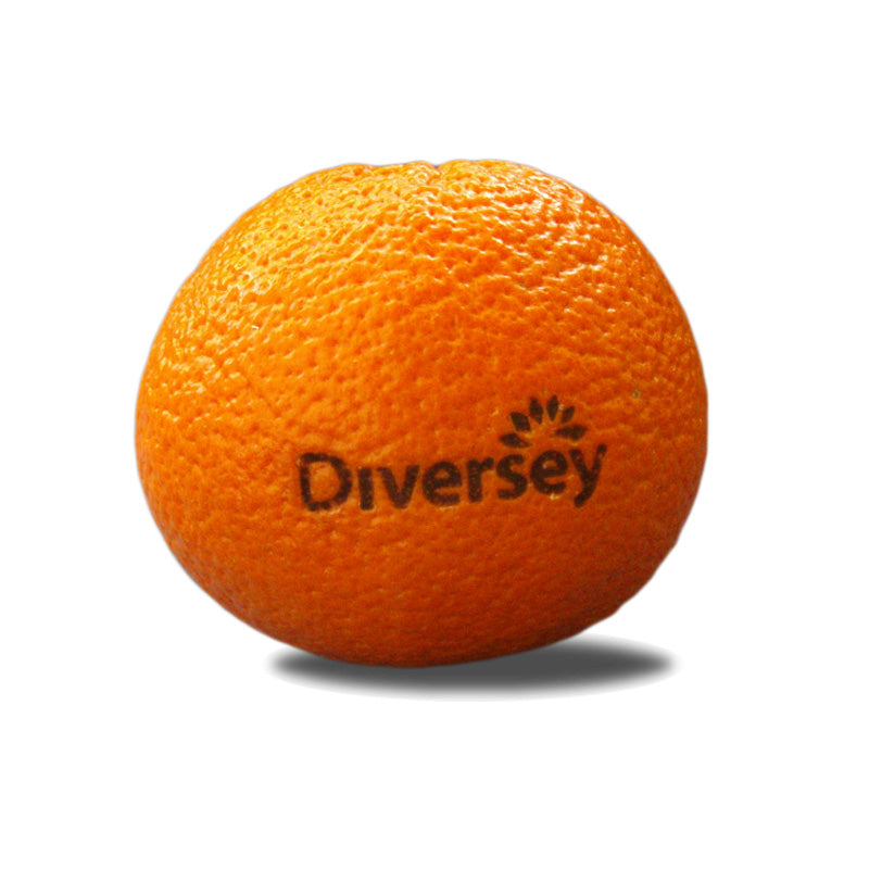 Logo auf Obst, Mandarine mit Lasergravur. Früchte als Werbung